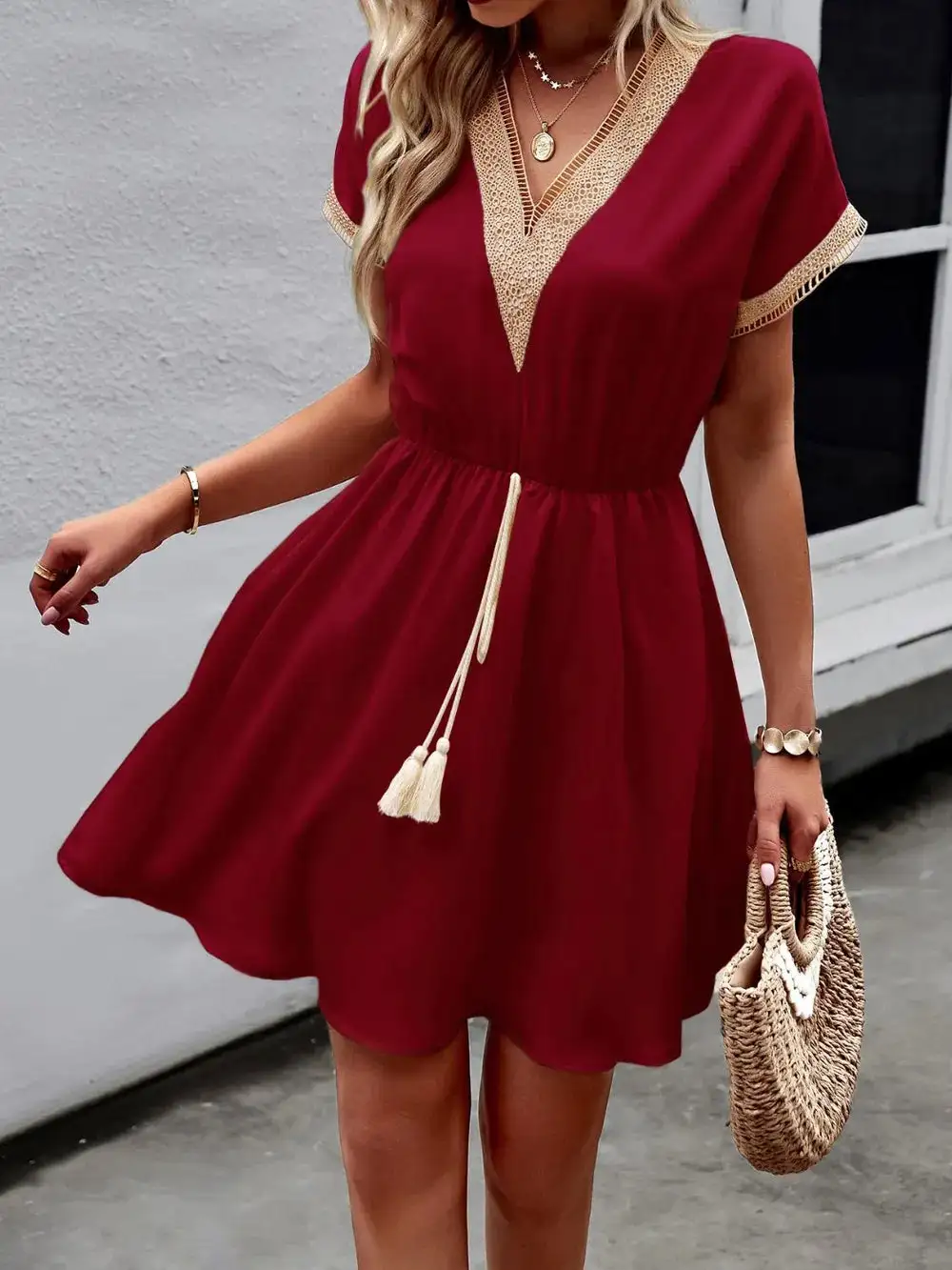 Contrast Trim V Neck Short Sleeve Mini Dress