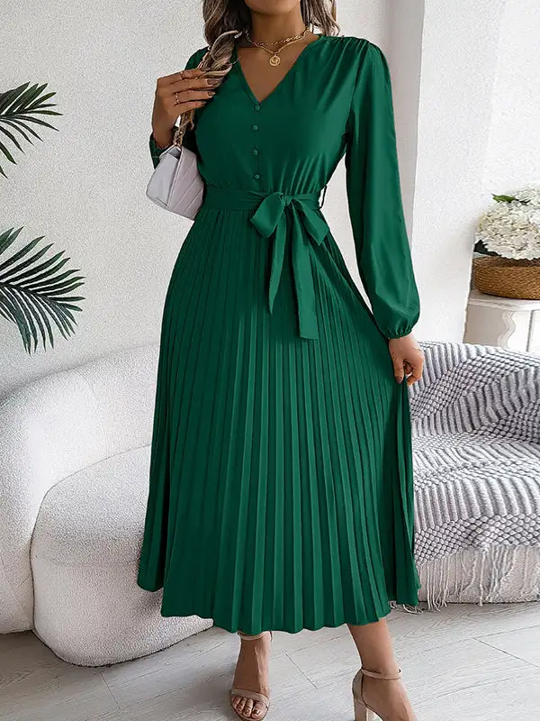 Pleated Buttoned Belted Long Neck Maxi Dress