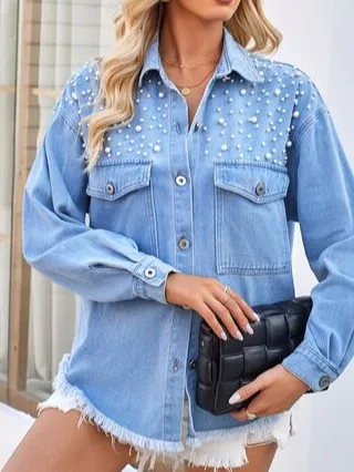 Pearl Detail Pocketed Button-up Denim Jacket