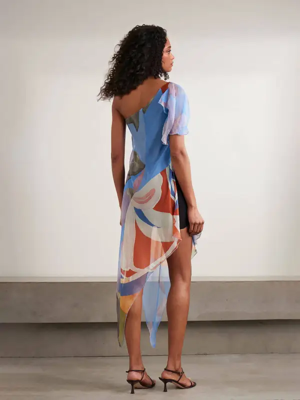 One Shoulder Asymmetrical Print Chiffon Midi Dress