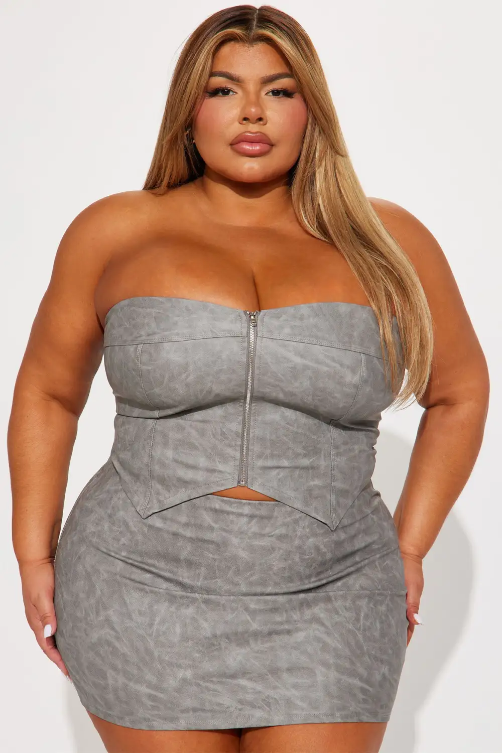Gimme More Faux Leather Skirt Set - Grey