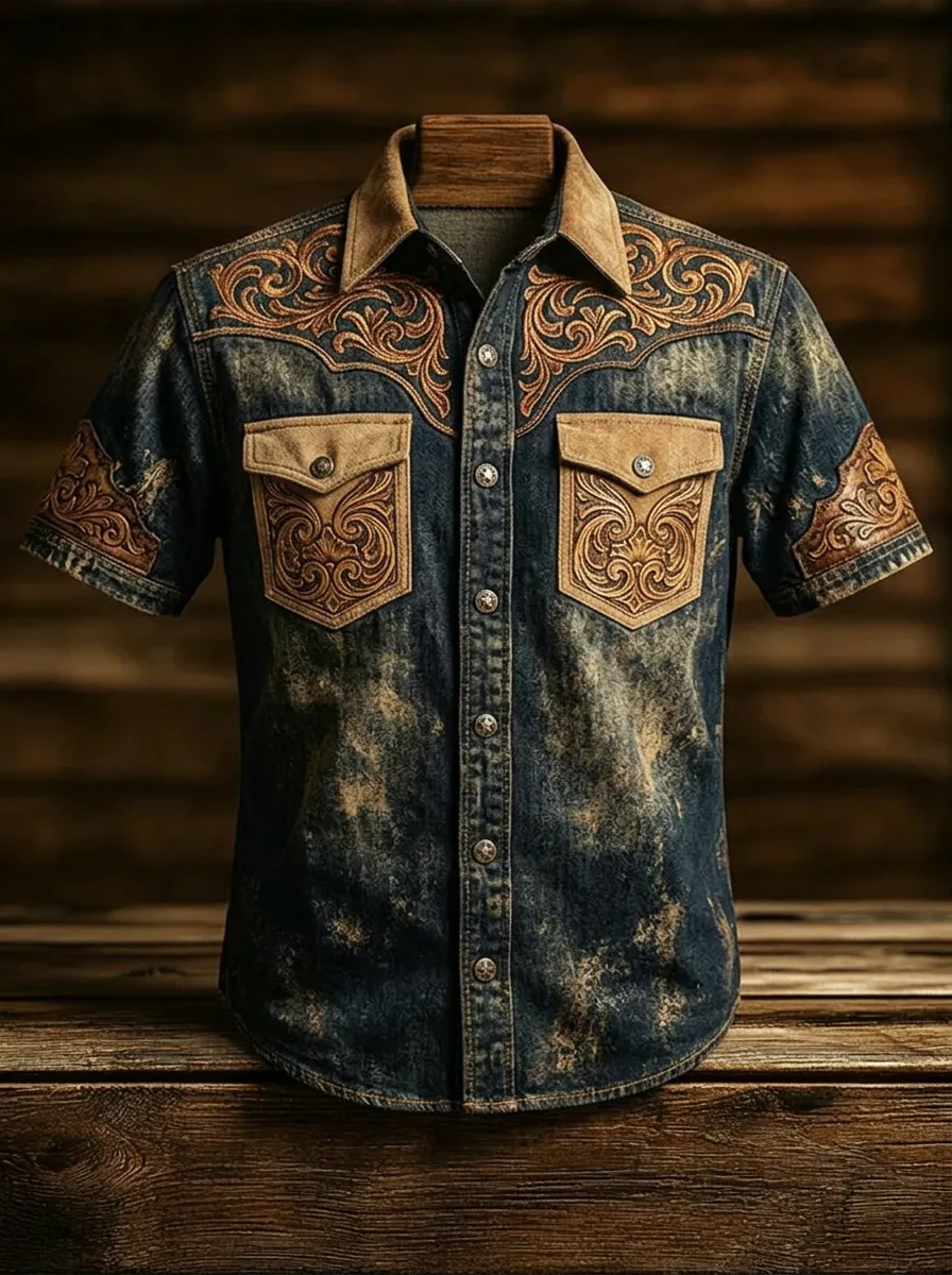 Men's Western Cowboy Tooled Leather Pattern Printed Shirt