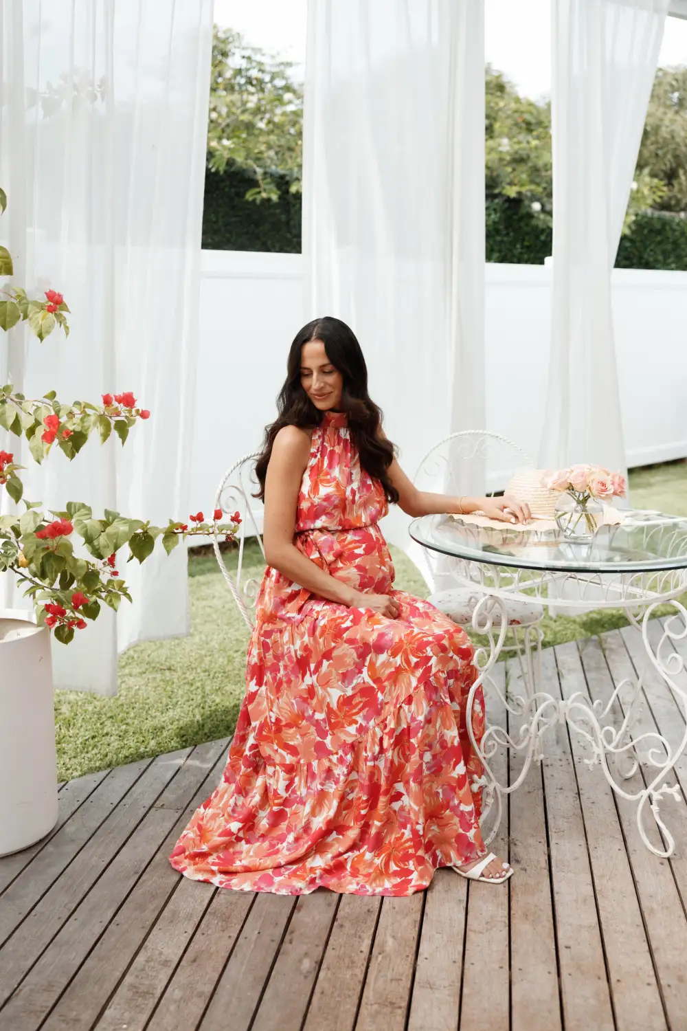 Caroline Maxi Halter Dress - Red Orange