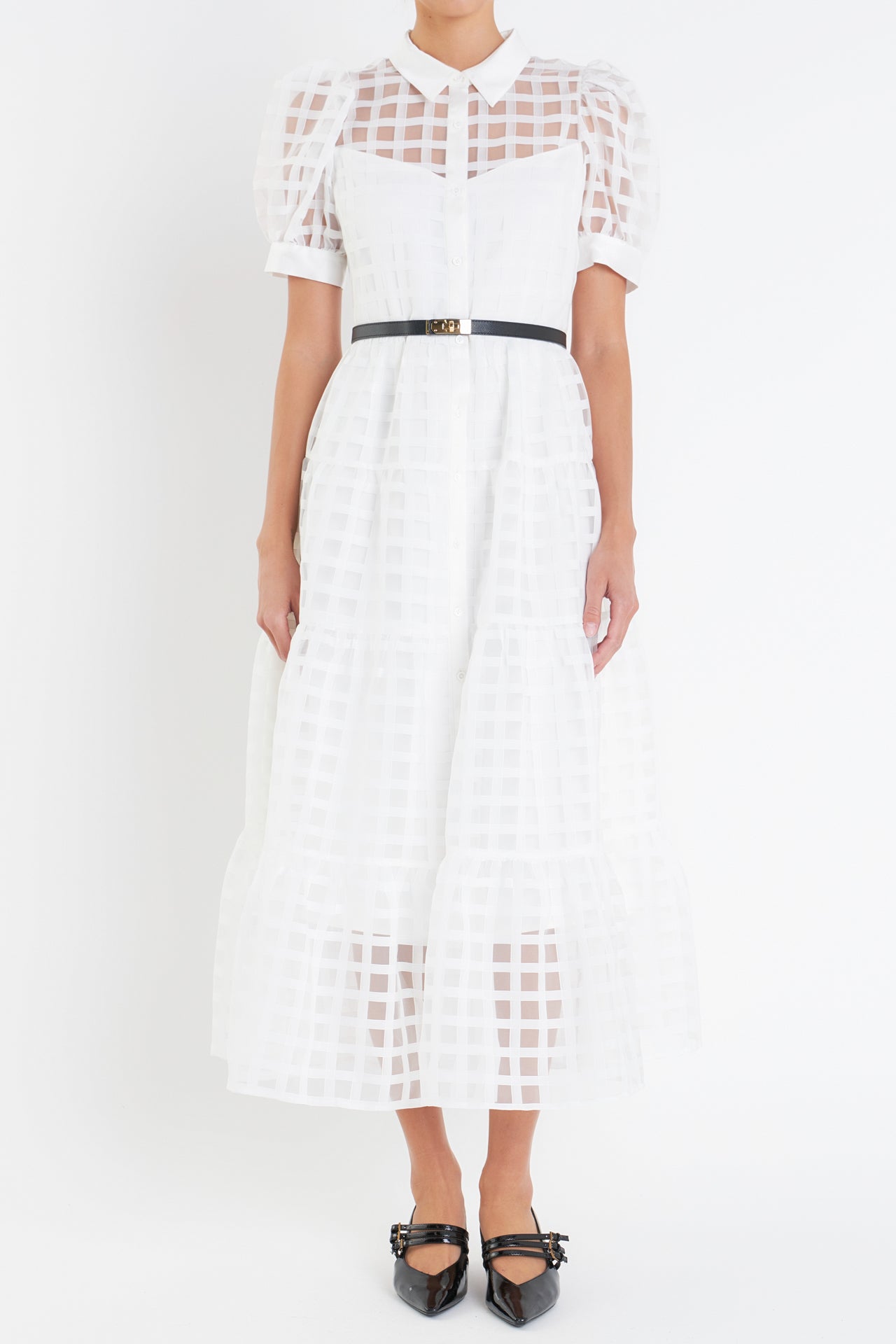 Gridded Organza Tiered Maxi Dress