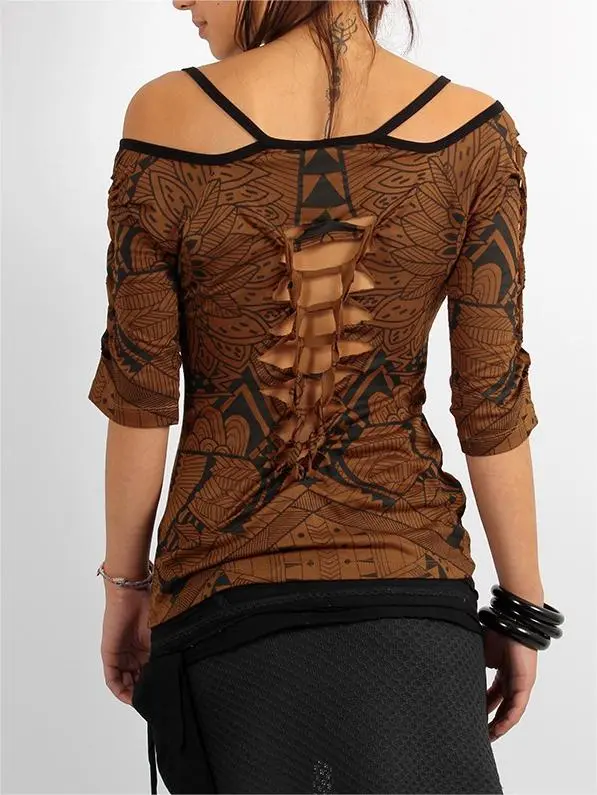 Cut Out Braided Back And 3/4 Sleeve Printed Top