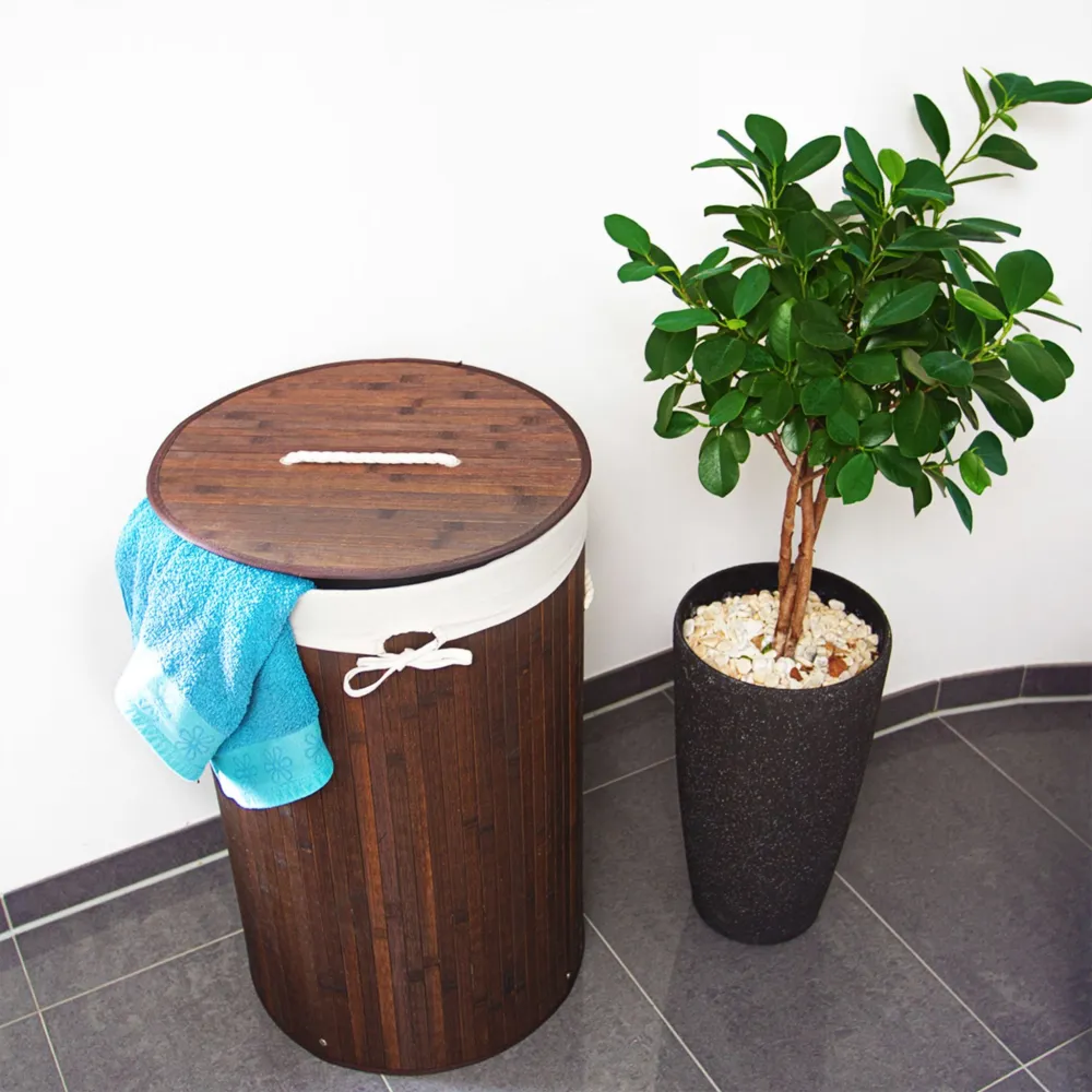 Foldable Bamboo Laundry Basket Round Dark