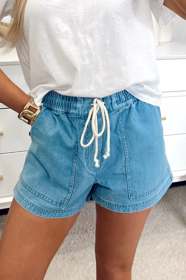 Contrast Drawstring Elastic Waist Denim Shorts