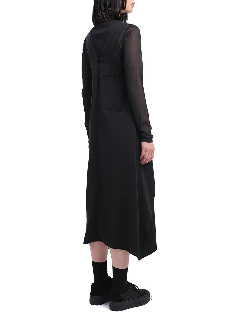 Sheer Sleeve Asymmetric Hem Midi Dress