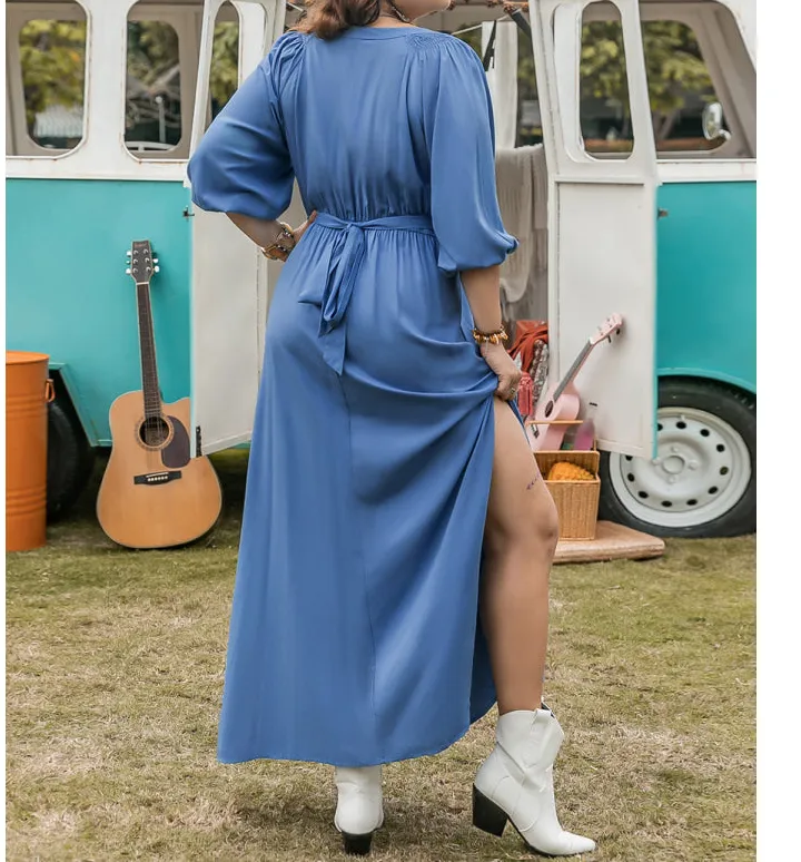 Plus Size Ruched Slit Three-Quarter Sleeve Midi Dress