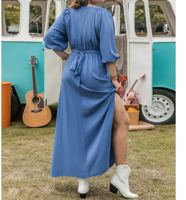 Plus Size Ruched Slit Three-Quarter Sleeve Midi Dress