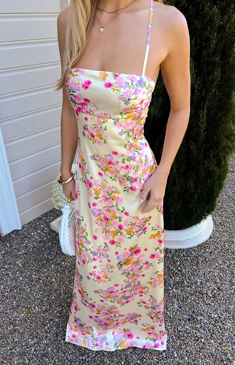 Satin Halter Halter Neck Floral Maxi Dress