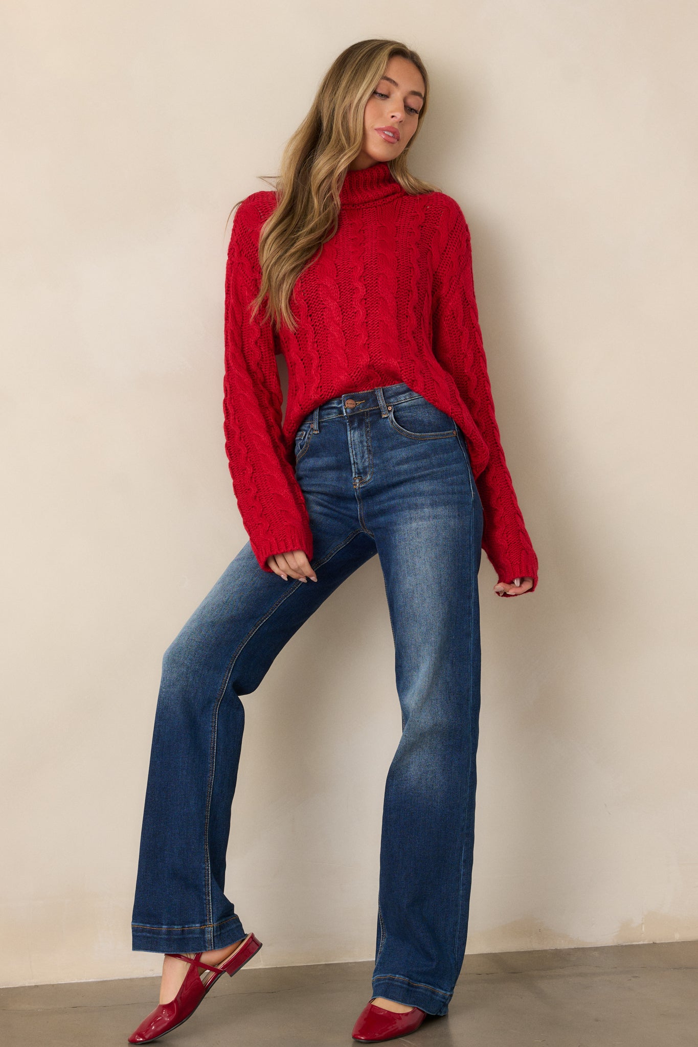 Z Supply Tied To You Red Cable Knit Turtleneck Sweater