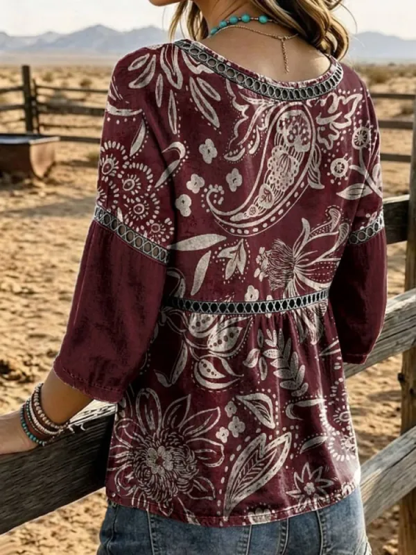 Women's Vintage Print Casual Hollow Denim Shirt