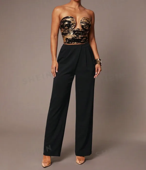 Women's Draped Graphic Letter Plain Contrast Sequin Zipper Trousers