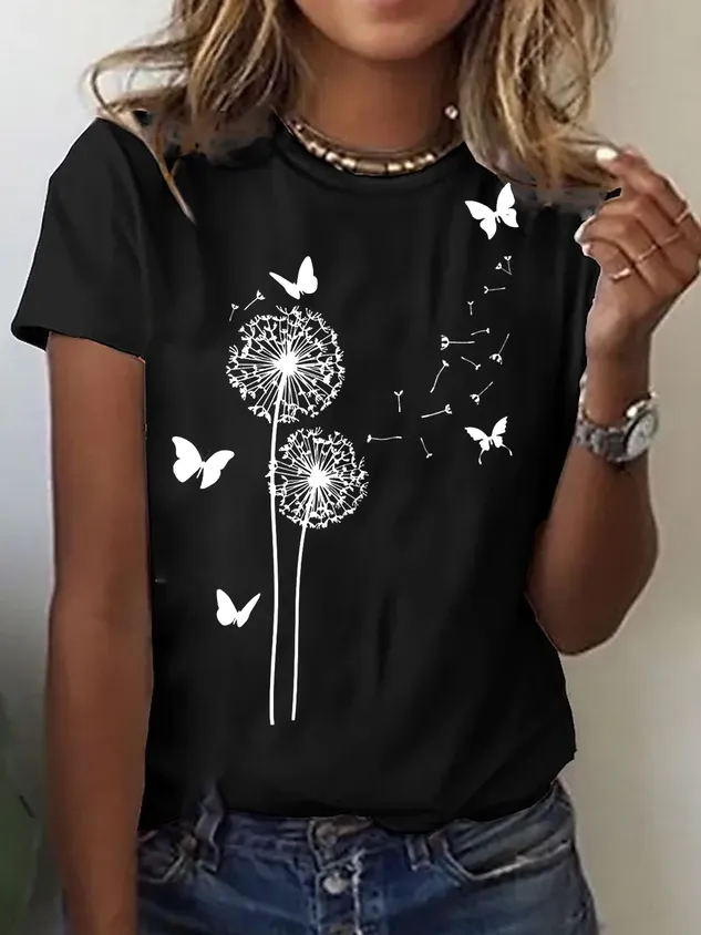 Floral Jersey Crew Neck Loose Casual T-shirt