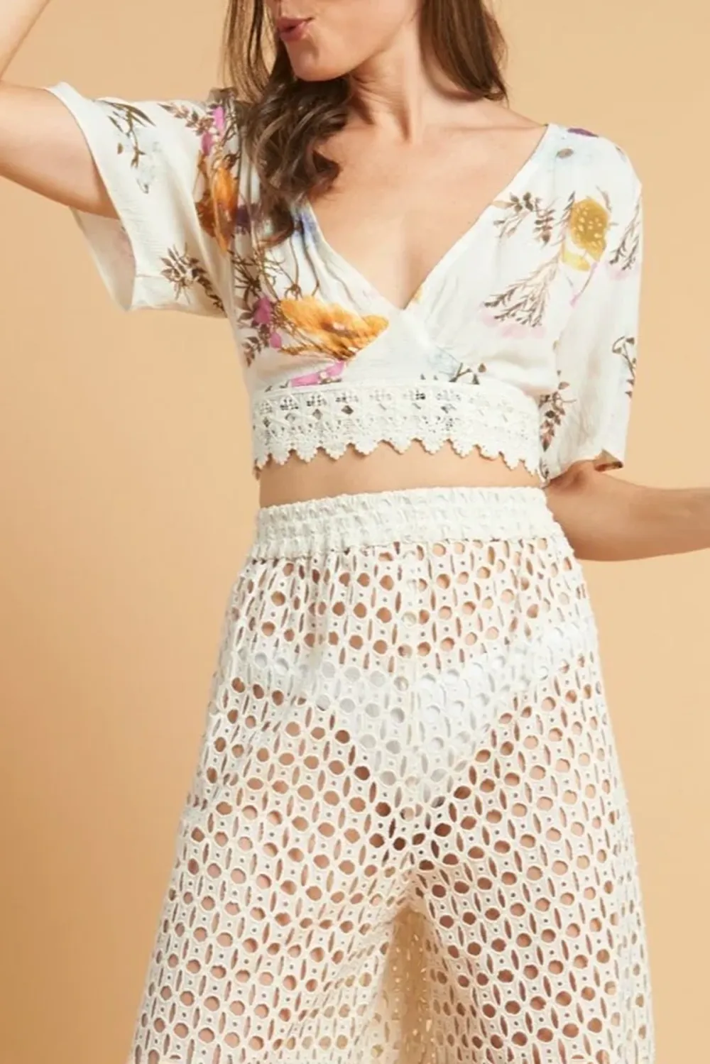 White And Multicolor Floral Print Wrap Crop Top