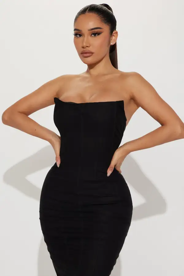 On Point Mesh Corset Midi Dress  - Black