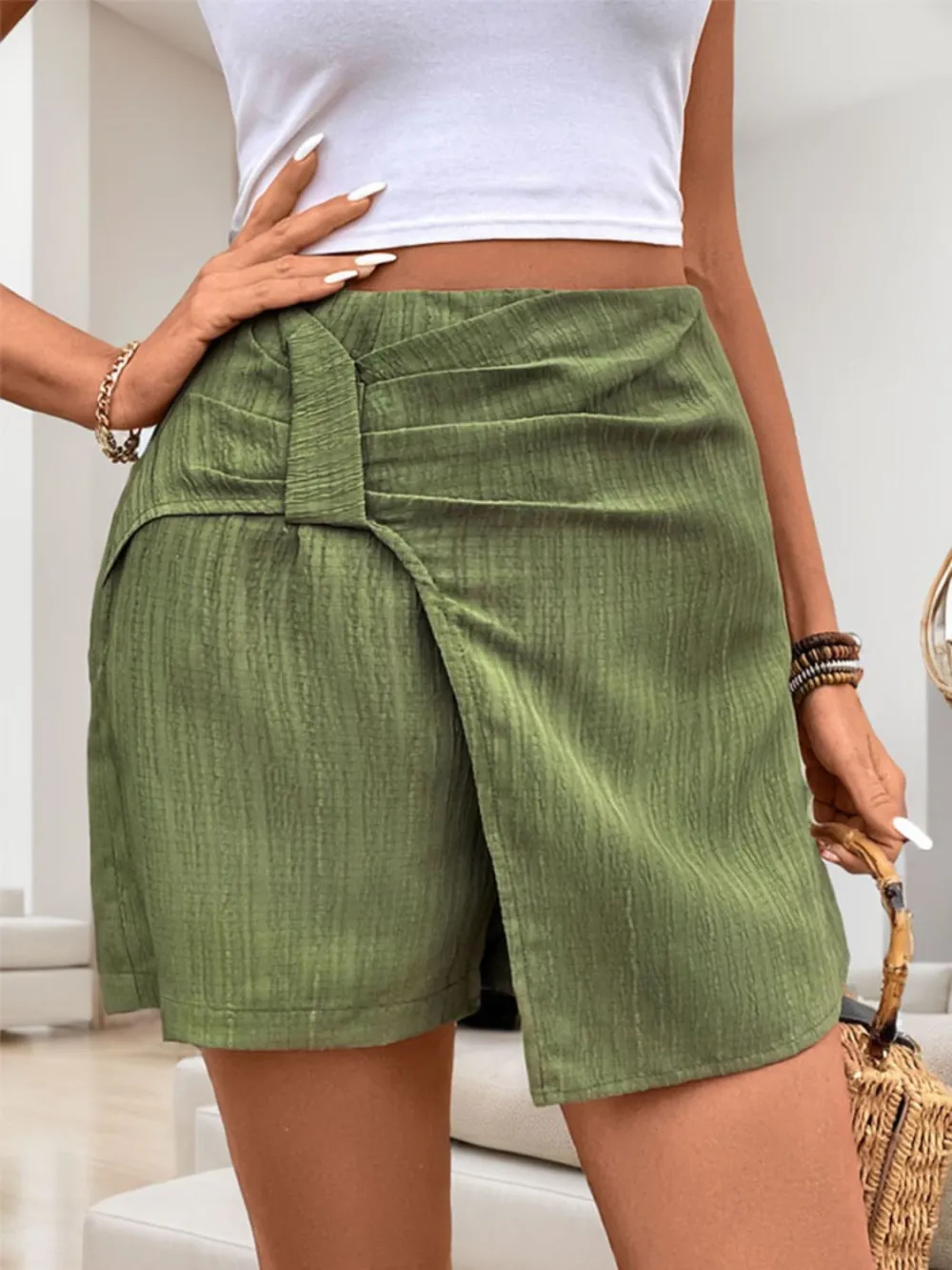 Ruched High Rise Shorts with Back Zipper