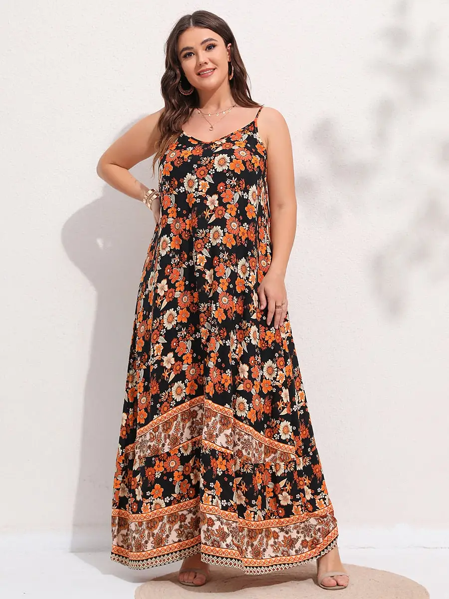 Spirit and Rebel Plus Size Floral Print Boho Maxi Dress