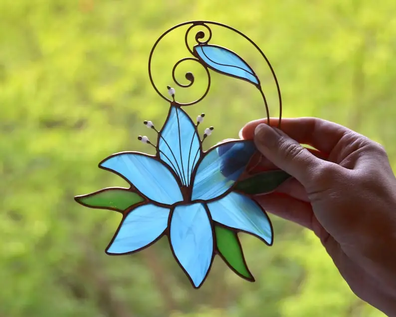 (Store Closing Sale) Stained glass blue lily window hangings, flower gift suncatcher