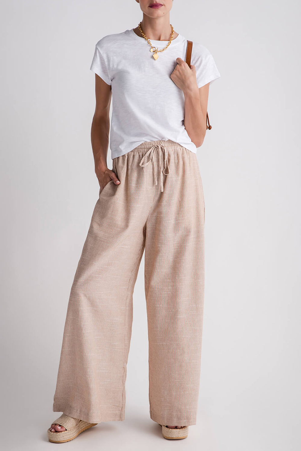 Mustard Seed Wide Leg Striped Pants - camel