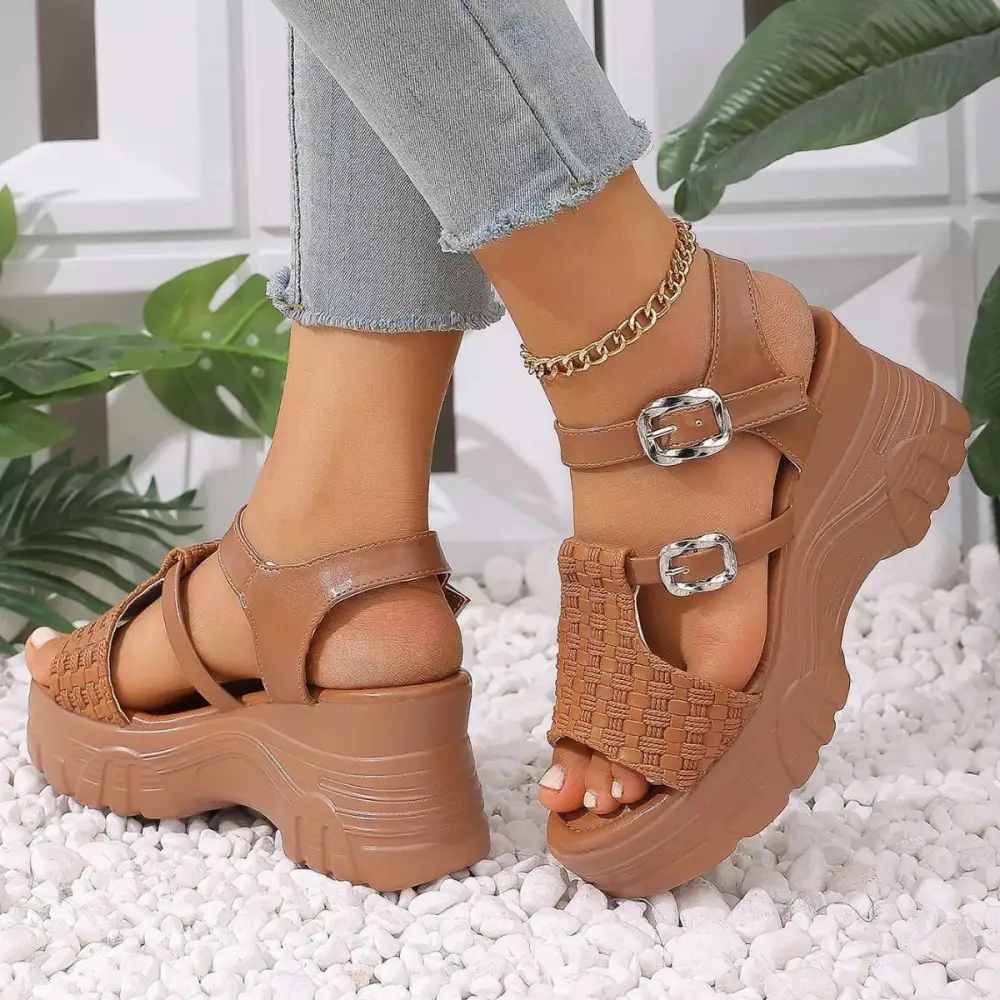 Buttoned Classic Open Toe Wedge Sandals