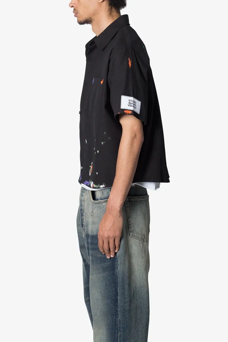BLACK PAINT SPLATTER POPLIN SHORT SLEEVE SHIRT