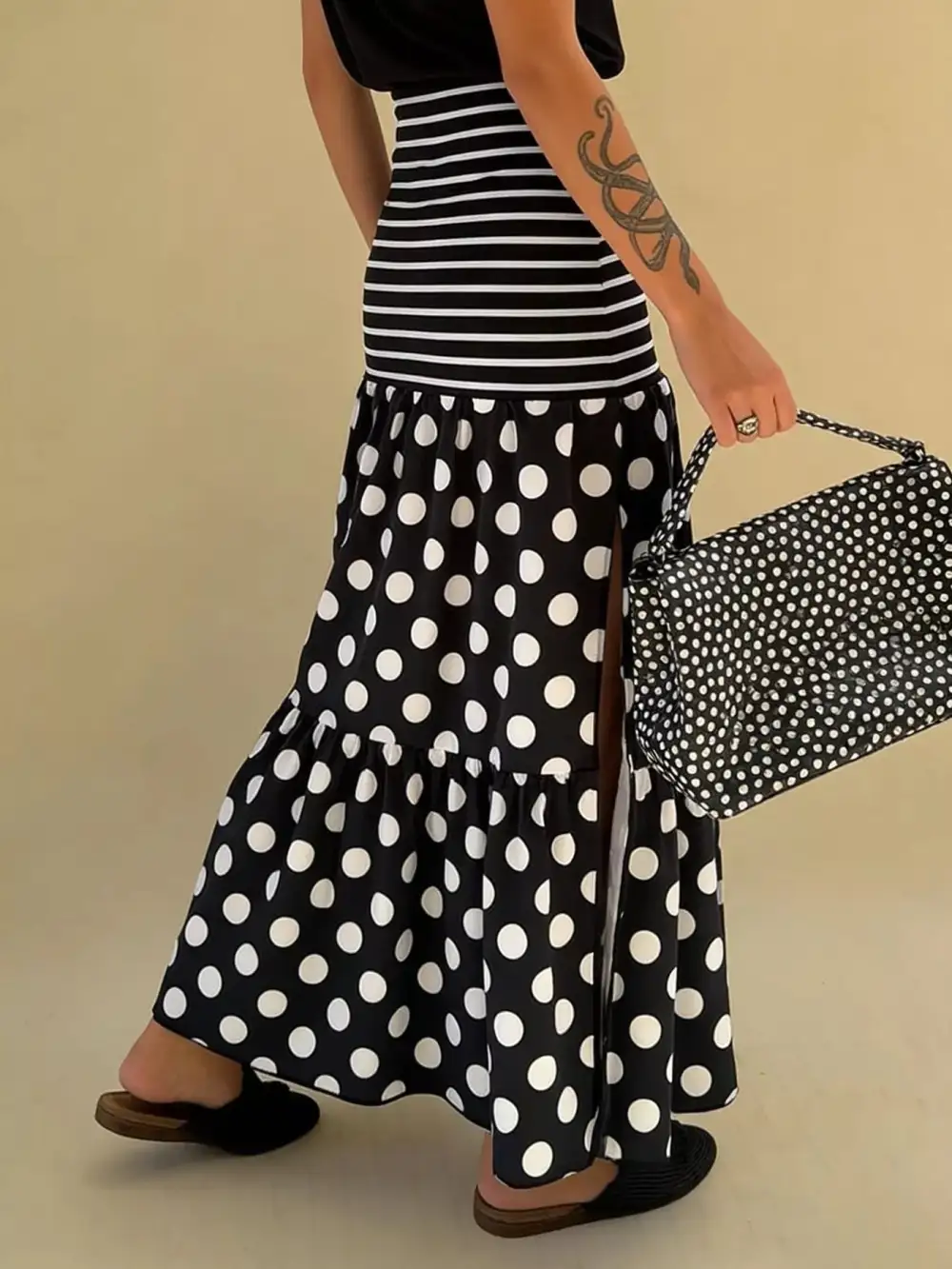 Striped Side Slit Maxi Skirt