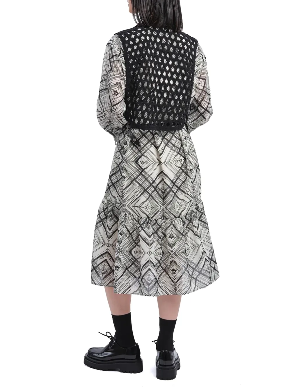 Geometric Pattern Long - Sleeve Midi Dress