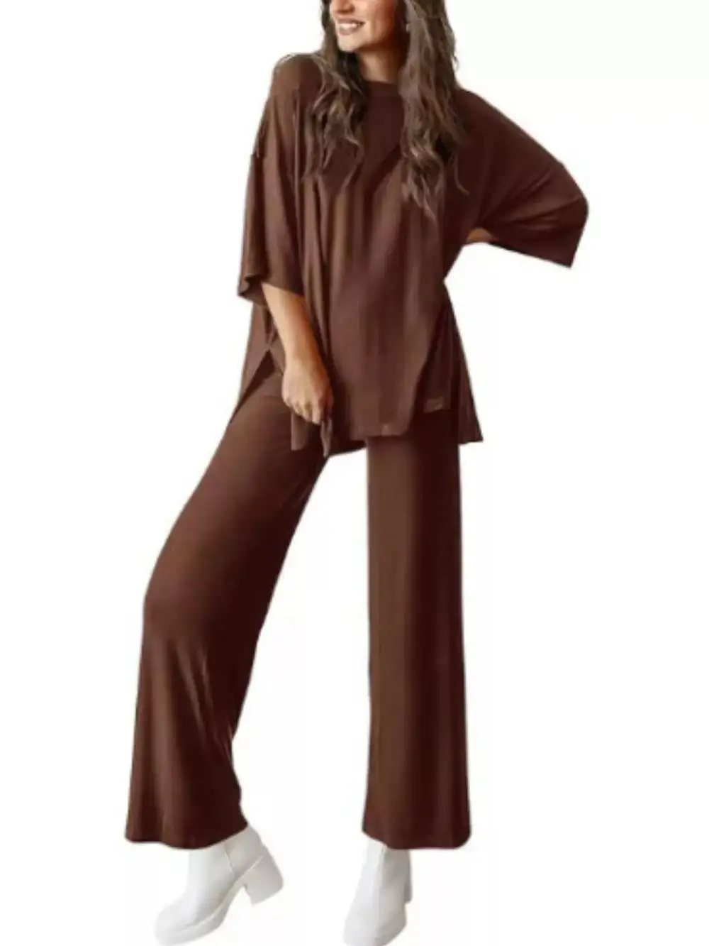 Relaxed Fit Round Neck Top and Pants Two Piece Set
