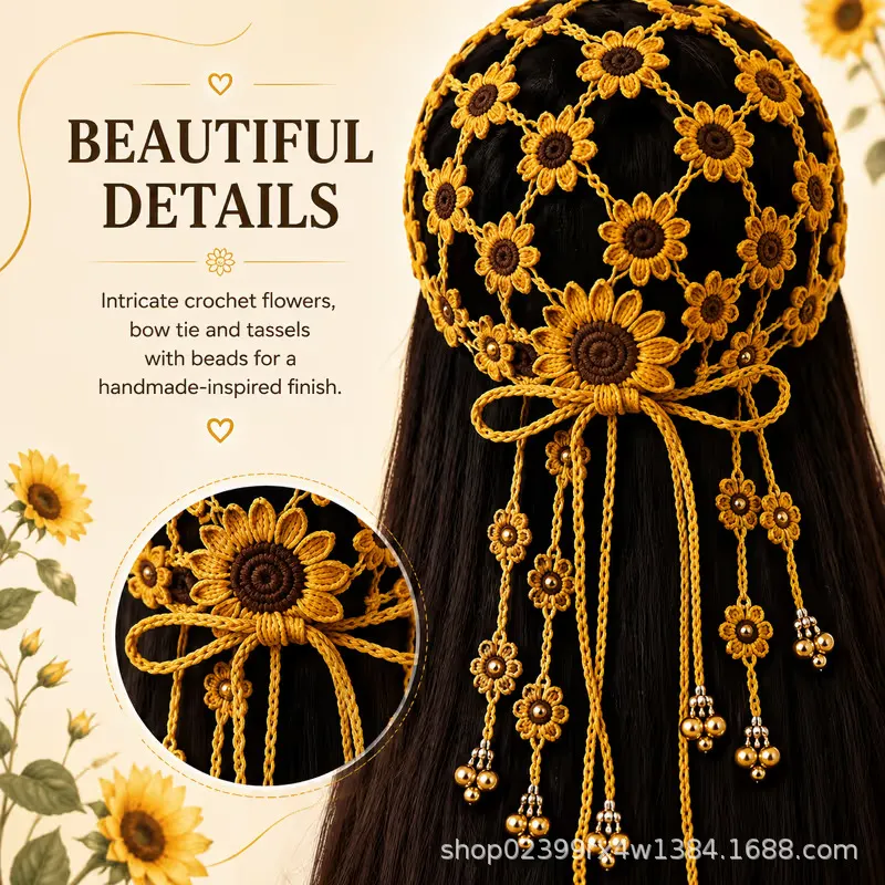 Hand‑Crocheted Sunflower Hollow Baseball Cap Bohemian Tassel Bell Hat