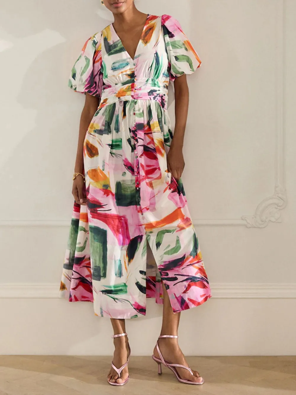 Elegant And Flowing Puff Sleeve Floral Printed Dress