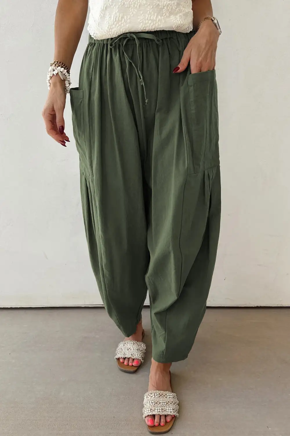 Drawstring Elastic Rise Patch Pocket Barrel Leg Pants