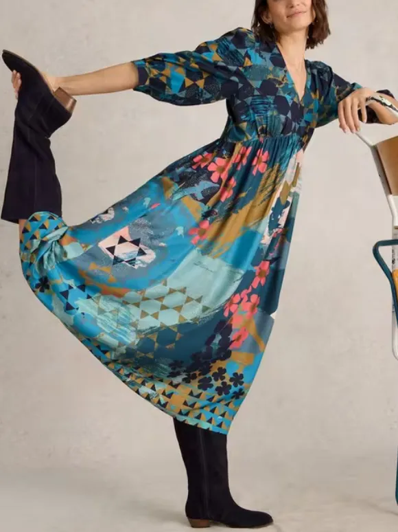 Midi Printed Dress In Teal Print