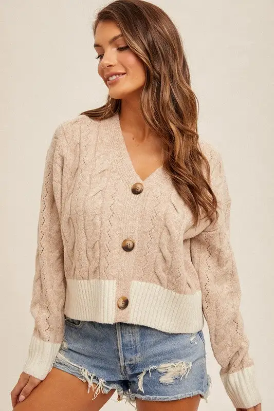 Parkin Knit Contrast Button-Down Cardigan Sweater