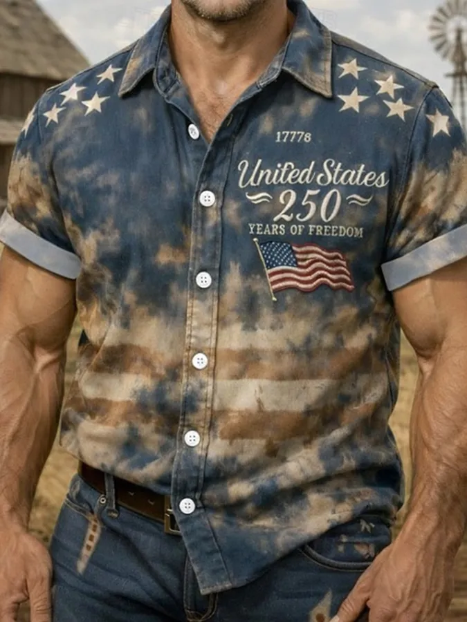 Men's USA 250th Anniversary Tie-Dye Denim Short Sleeve Shirt