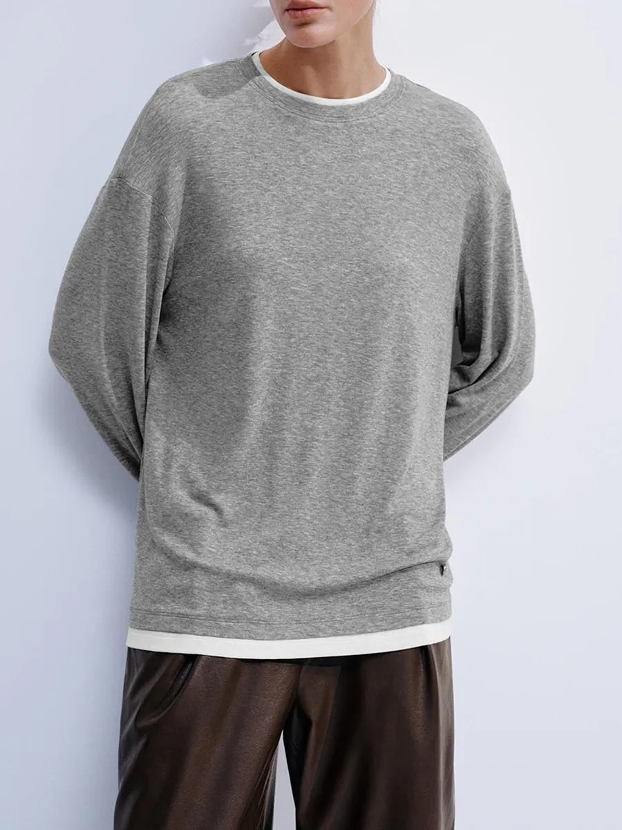 Lady's Grey Round-Neck Loose Long-Sleeved T-Shirt