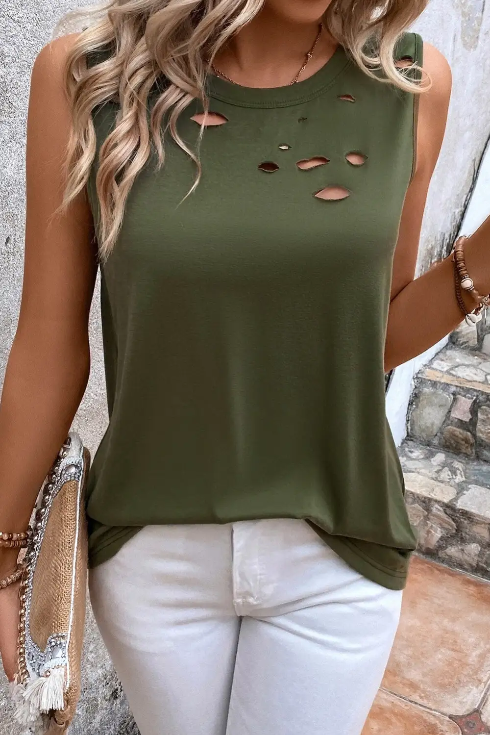 Distressed Holes Crew Neck Tank Top