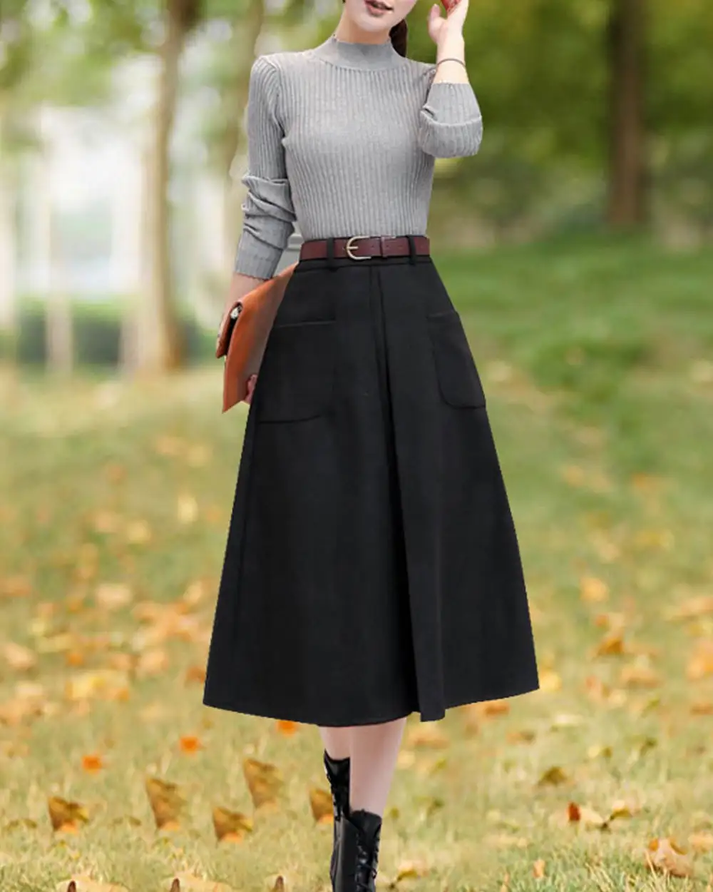 Soft Pleated Wool A Line Maxi Skirt