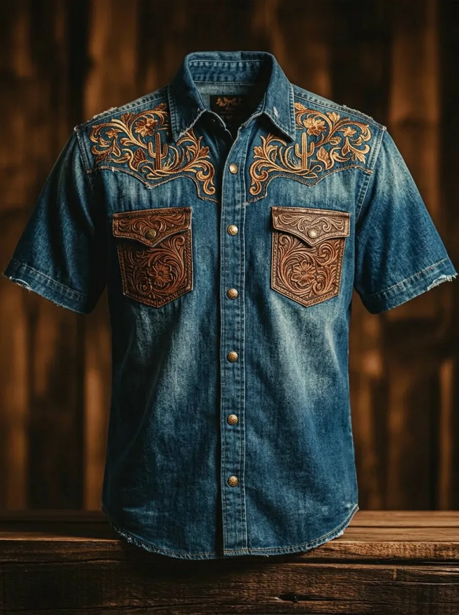 Men's Western Cowboy Cactus Floral Tooled Leather Printed Shirt