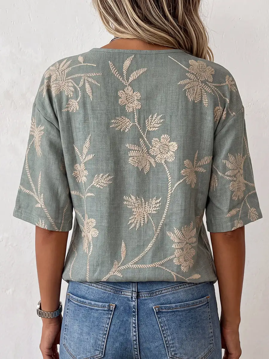 Half Sleeve Relaxed Asymmetric Button Detail Floral Print Panel Detail V-Neck T-Shirt