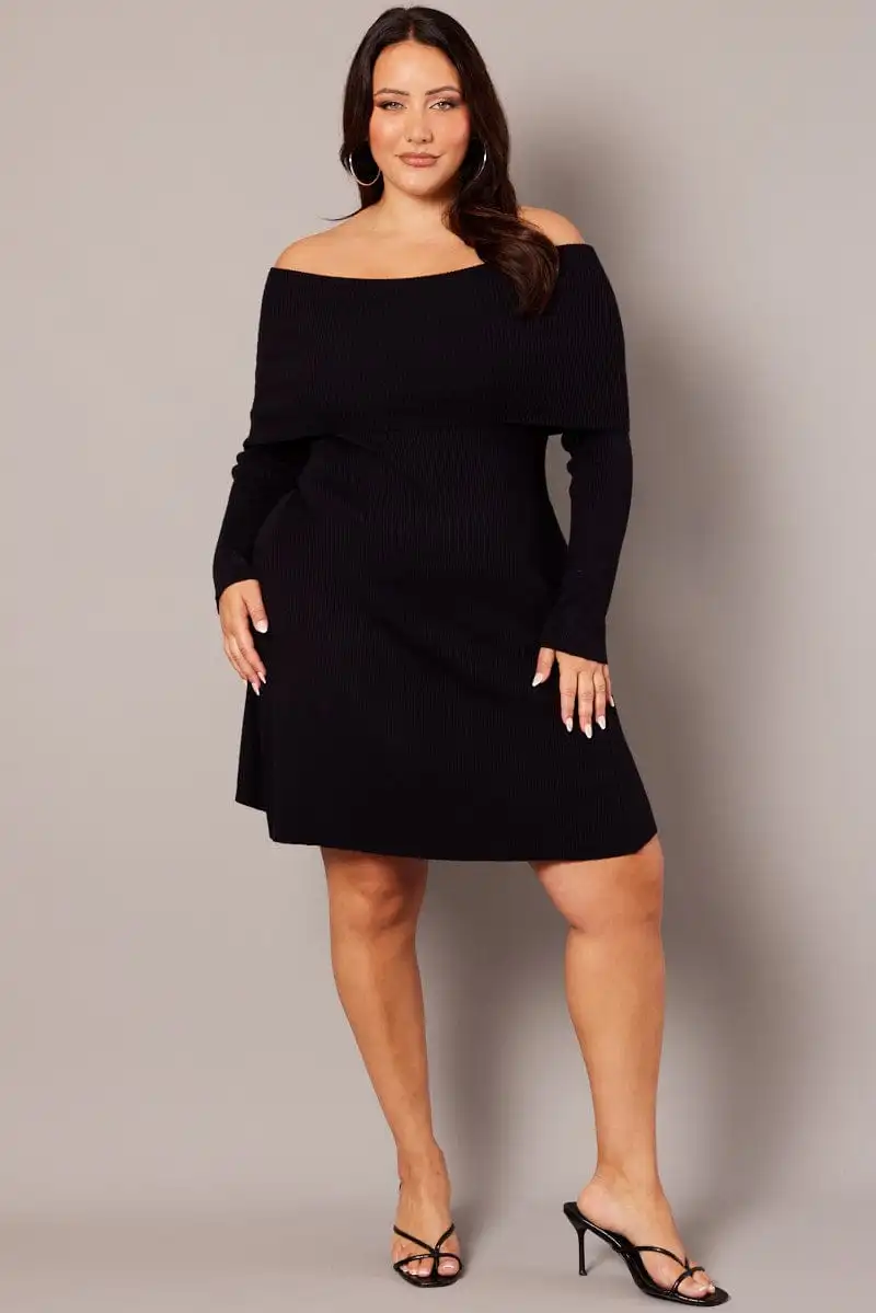 Black Off Shoulder Knit Mini Dress