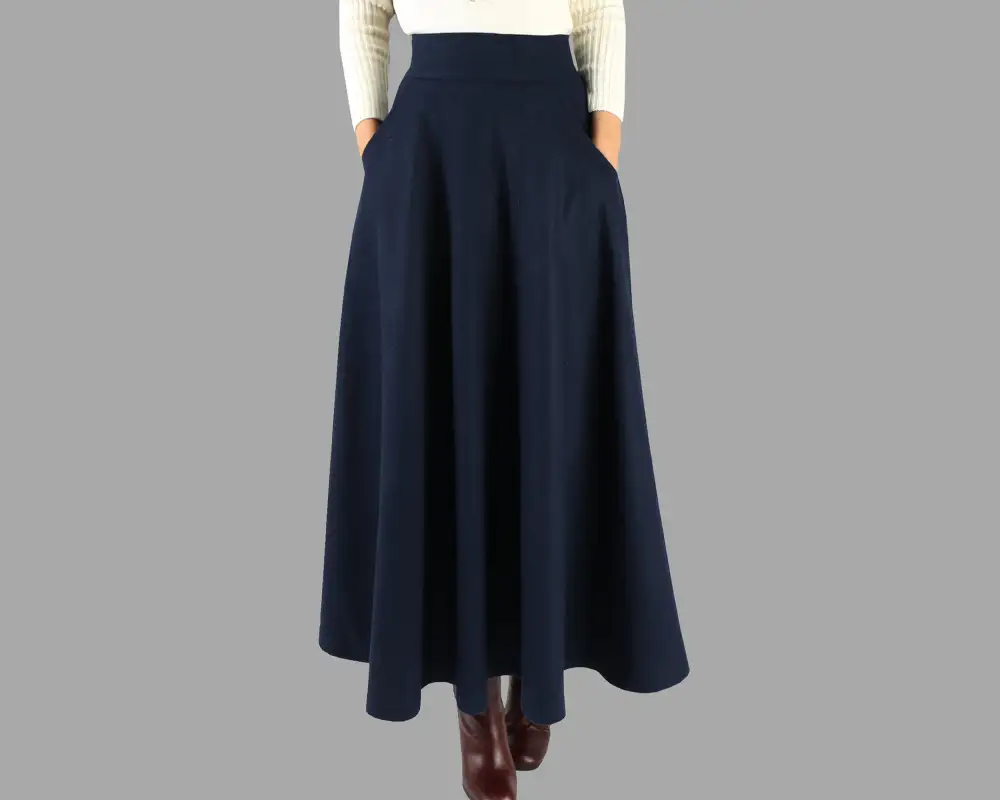 Casual Pleated Wool A Line Maxi Skirt