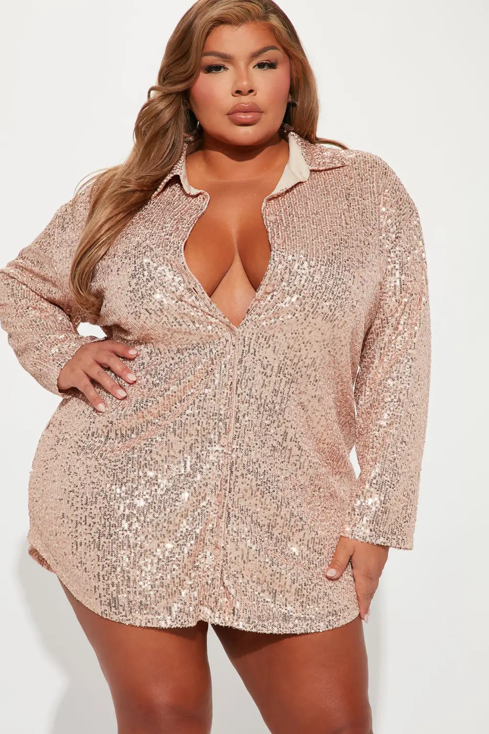 Lumina Sequin Shirt Dress - Rose Gold