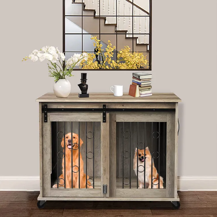 Dog Crate Furniture With Divider For 2 Small To Medium Pets, Wooden Cage End Table, Heavy Duty Indoor Puppy Kennel With Removable Divider And Sliding Door, 39.37'w*25.2'd*28.94'h