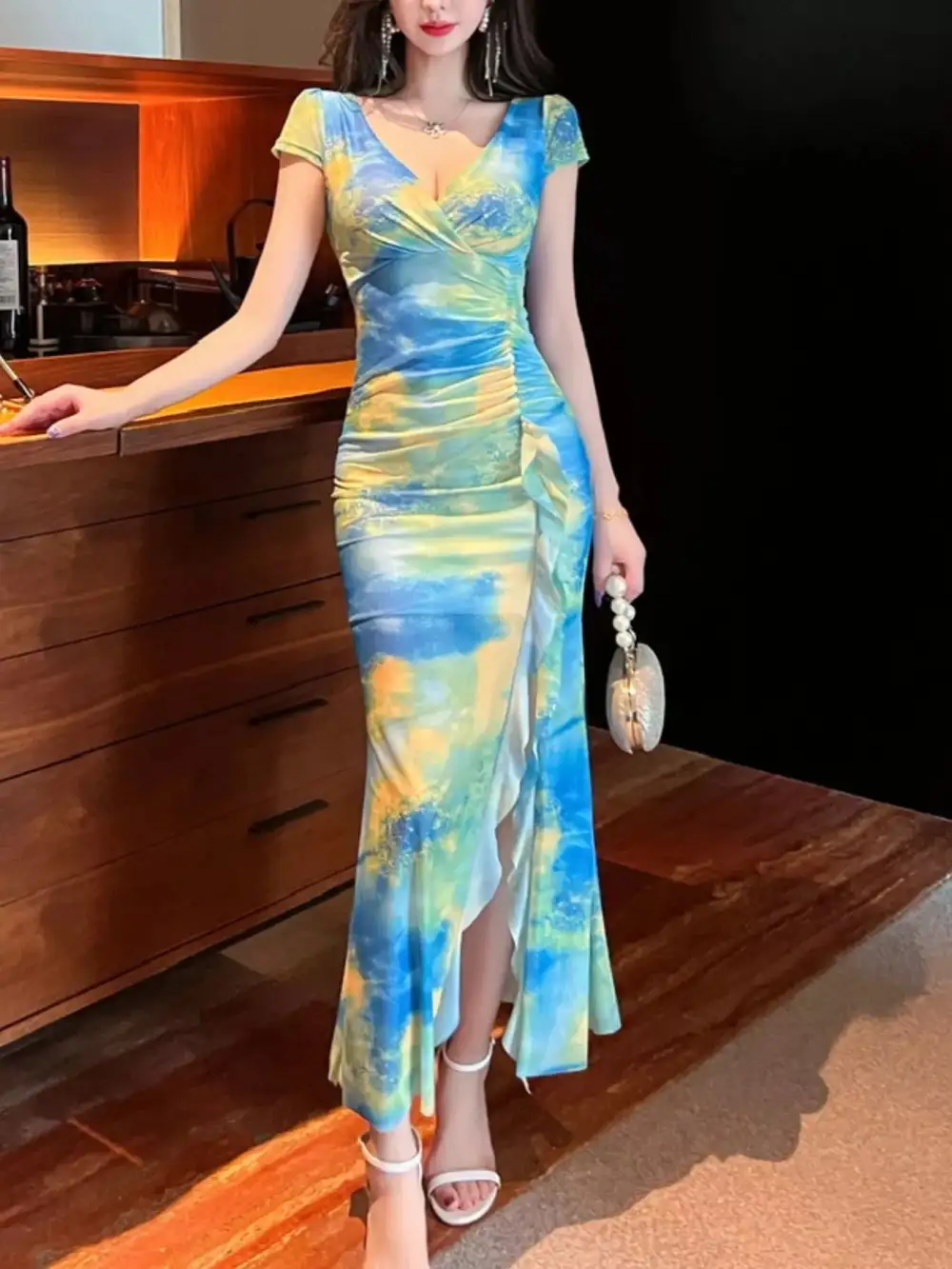 Tie Dye Surplice Ruffle Slit Dress