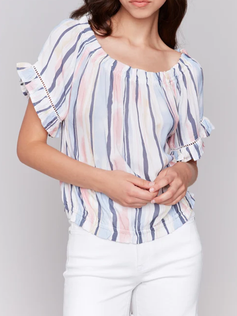 Striped High-End Off-Shoulder Short Sleeves