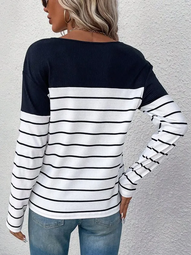 Casual Striped V Neck Long Sleeve T-shirt