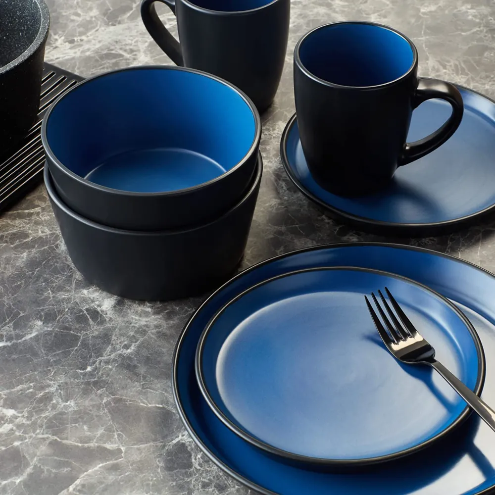 Stone Lain 32 Piece Glazed Stoneware Dinnerware Set, Service 8, Blue and Black