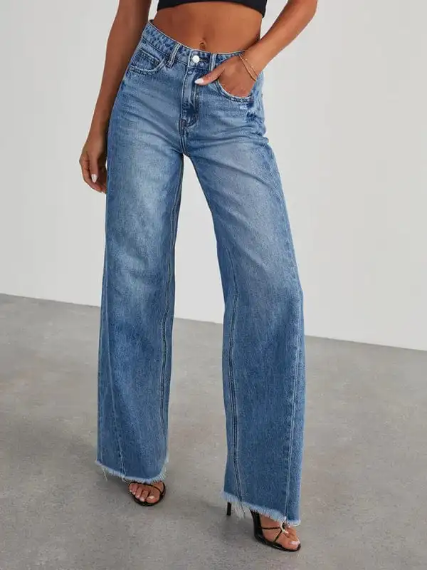 GYPSY GIRL-Wide Leg Side Seam Paneled Frayed Hem Jeans